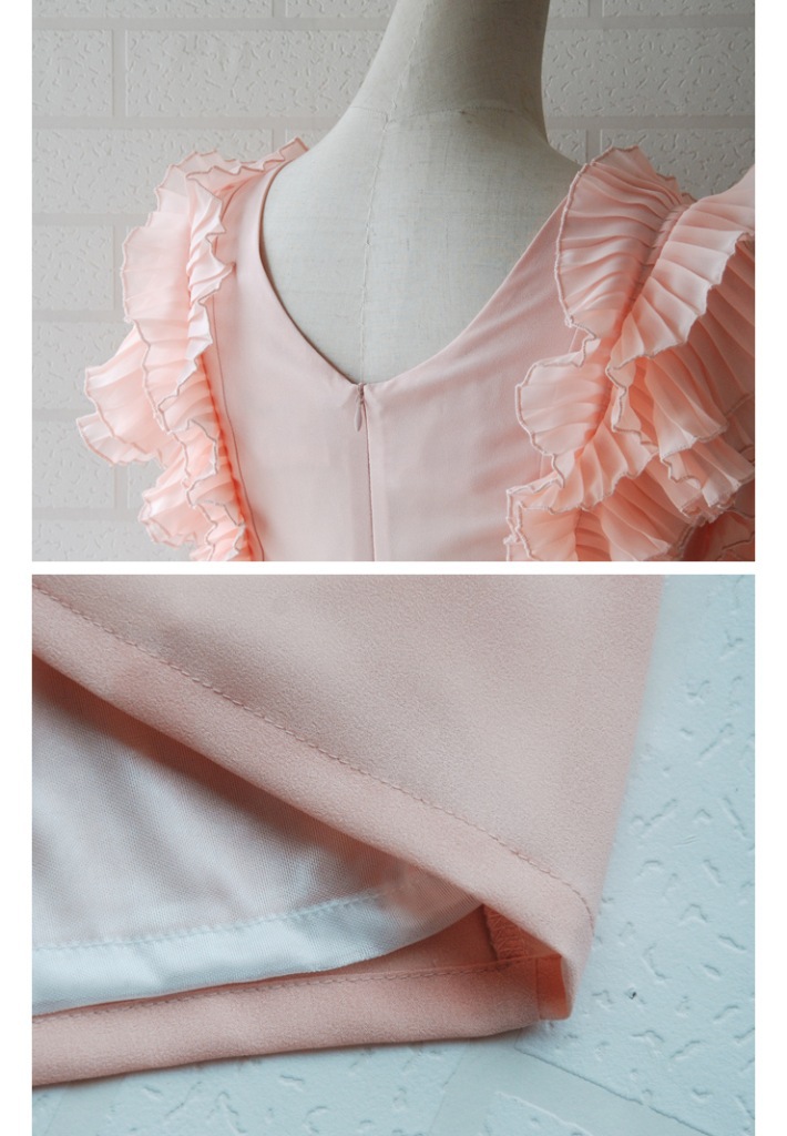 มินิเดรสผ้าไหมสีโอรส แขนเสื้อแต่งด้วยผ้าชีฟองอัดพลีต แขนบ่าล้ำ ส่งฟรี ems