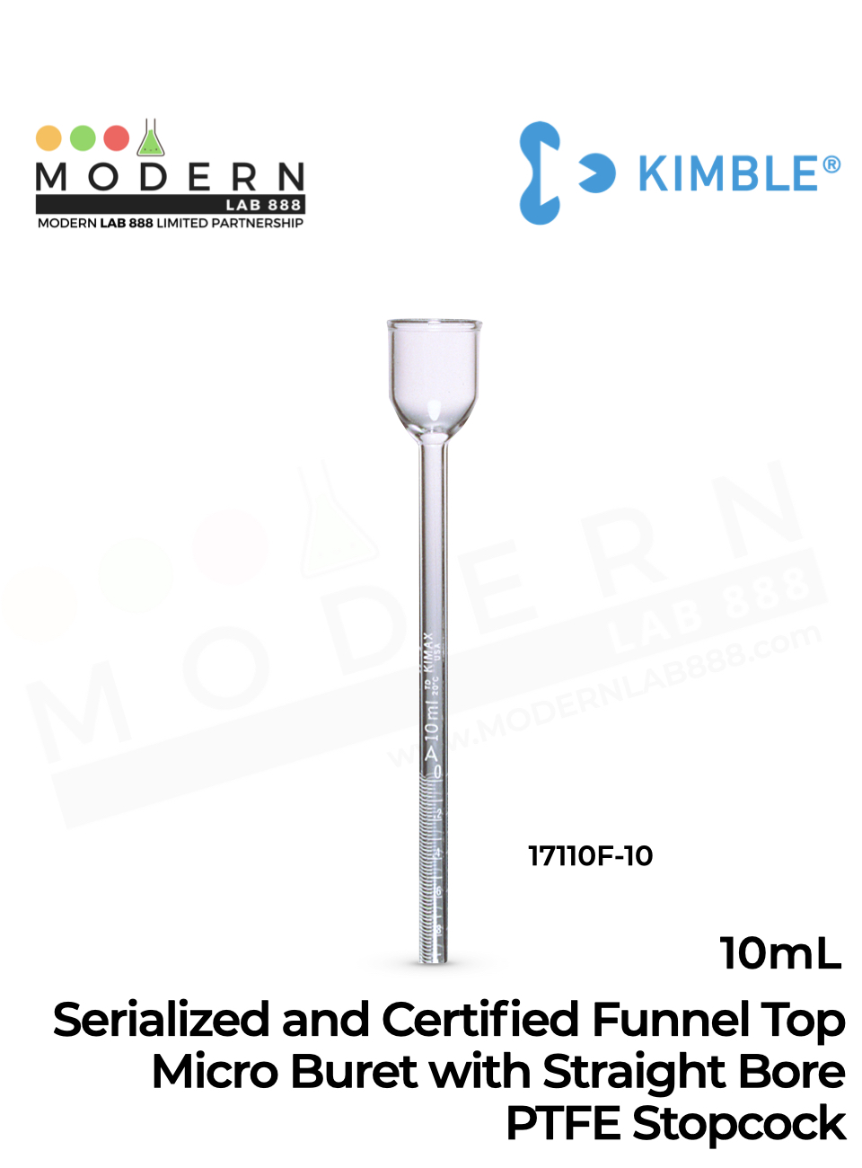 Serialized and Certified Funnel Top Micro Buret with Straight Bore PTFE Stopcock, 10ml