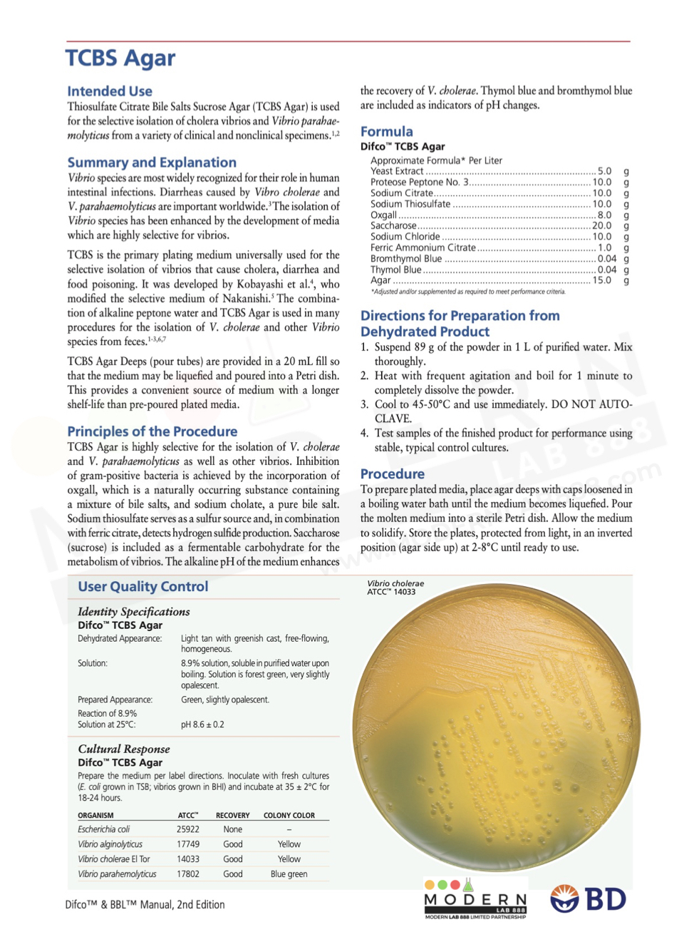 BD Difco™ TCBS Agar สำหรับตรวจแยกเชื้อวิบริโอ, 500g