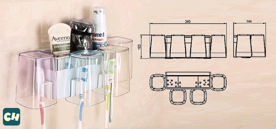 DIY-12 เซตแปรงสีฟัน พร้อมแก้วน้ำ 4 ใบ ไม่ต้องเจาะผนัง