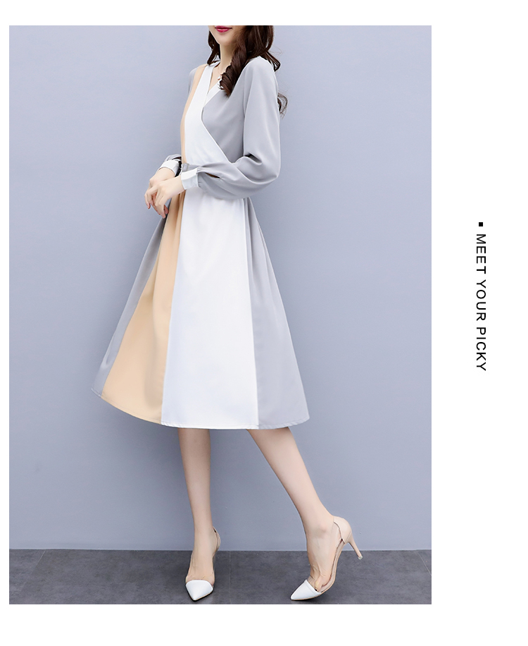 ชุดเดรสใส่ทำงาน ผ้าโพลีเอสเตอร์ผสมสีเทาแขนยาว ส่งฟรี ems