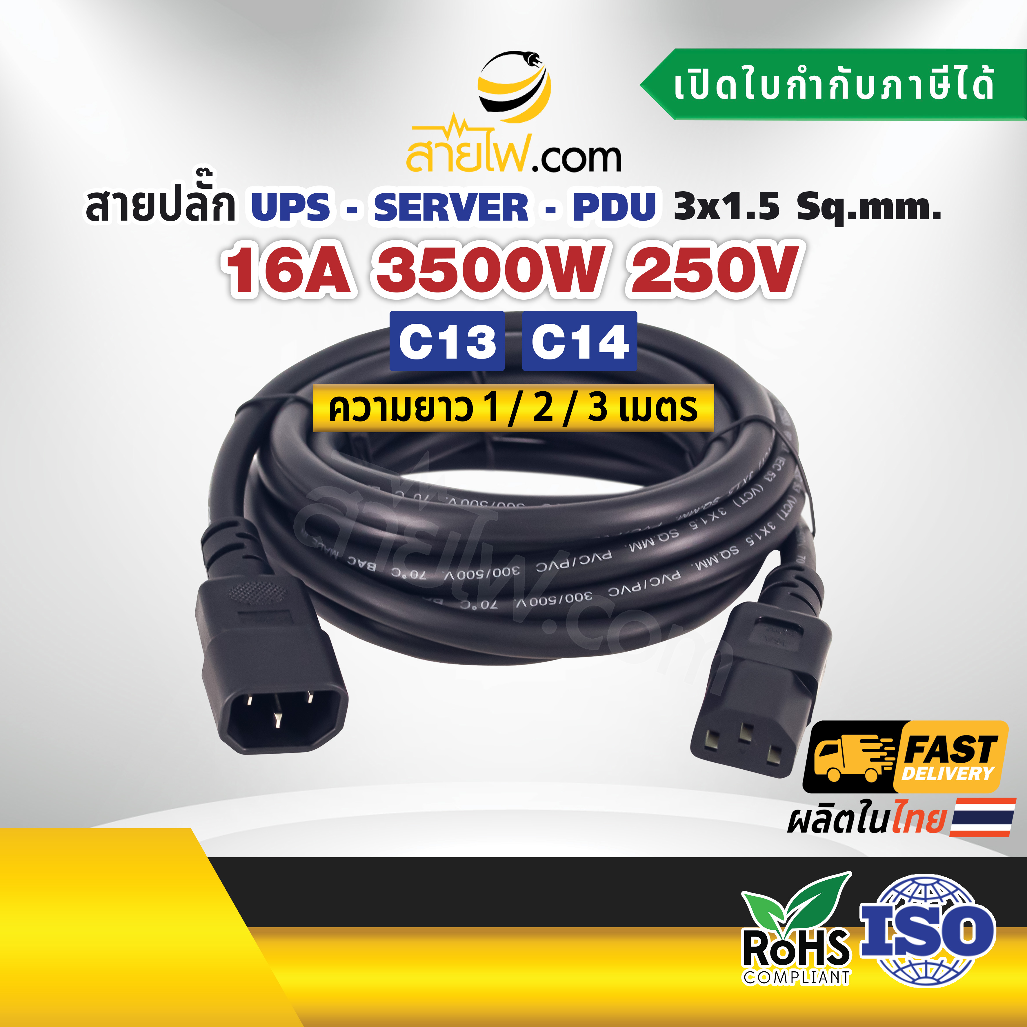 สายไฟ AC สายปลั๊ก UPS PDU 3x1.5 Sq.mm. มีกราวด์