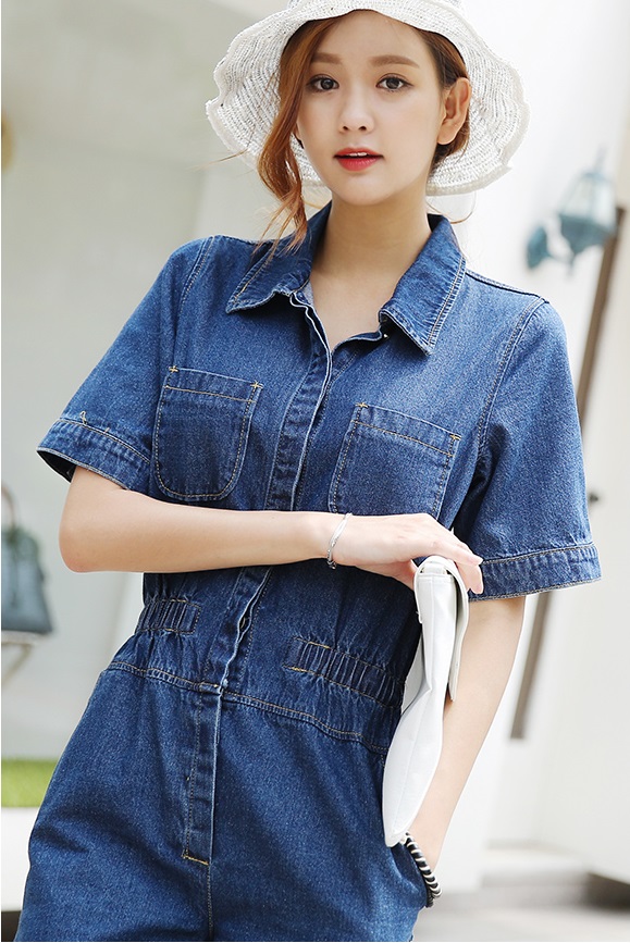 จั๊มสูทยีนส์ขาสั้น เอวจั๊ม กระดุมผ่าหน้าตลอดตัว ส่งฟรี ems