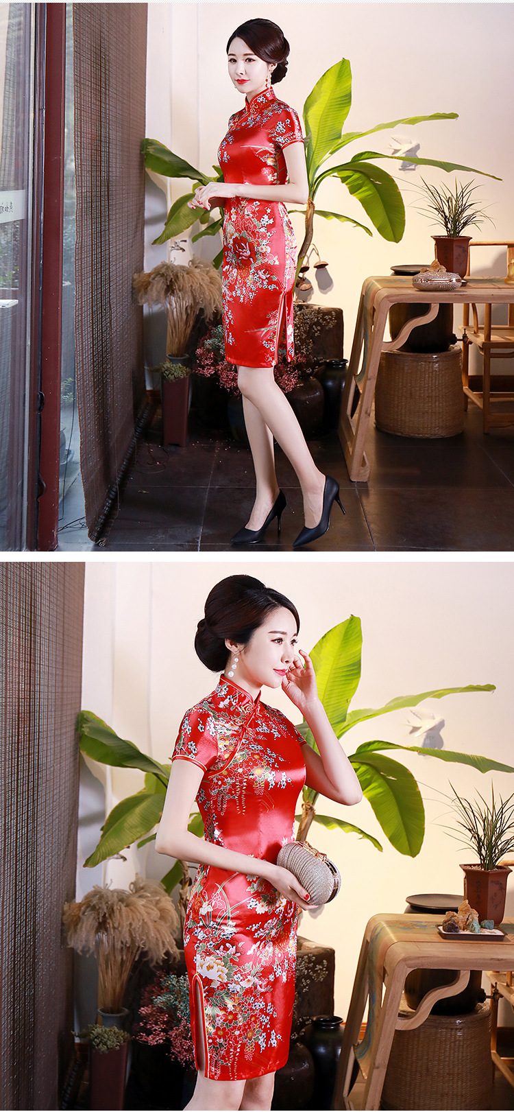 กี่เพ้าสั้นสีน้ำเงิน พิมพ์ลายดอกโบตั๋น ส่งฟรี ems