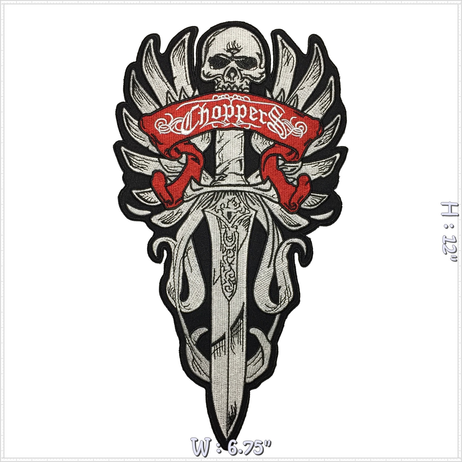 ดาบปัก ปีกนางฟ้า กะโหลก ไบค์เกอร์ มอเตอร์ไซค์ ตัวรีดติดเสื้อ อาร์มรีด อาร์มปัก ตกแต่งเสื้อผ้า หมวก กระเป๋า แจ๊คเก็ตยีนส์ Embroidered Iron on Patch ไซส์ใหญ่