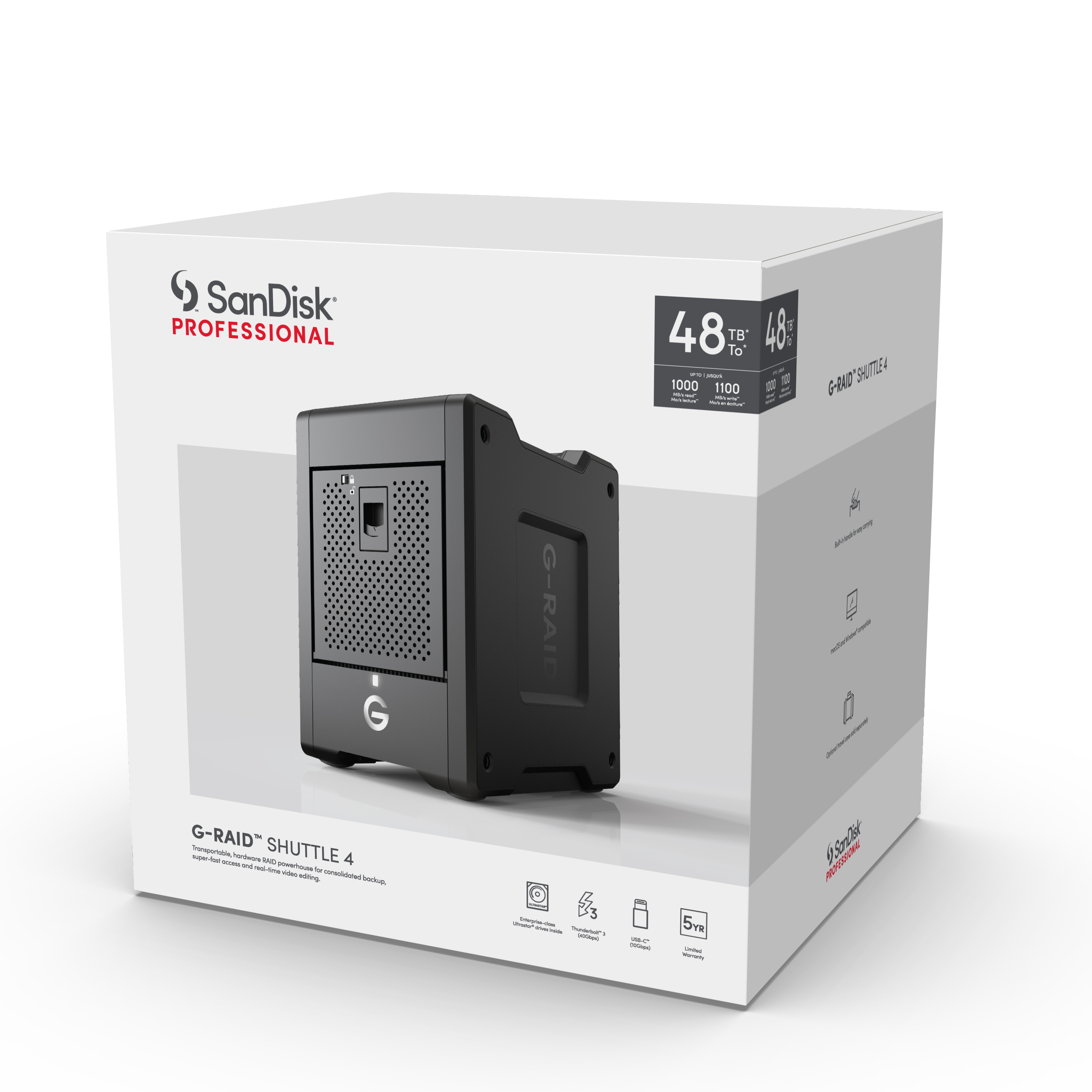 G-RAID SHUTTLE 4 (SDPH34H) Enterprise-class 4-bay External Hard Drive; Thunderbolt3 and USB-C; hardware RAID; up to 1000MB/s read SanDisk Professional