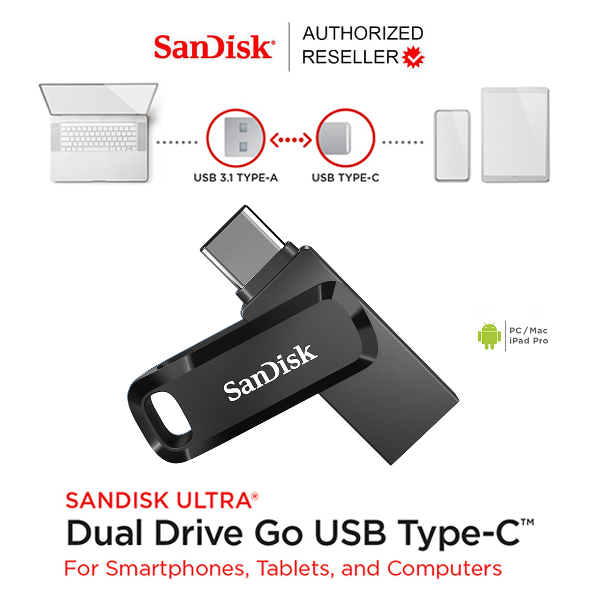 SanDisk Ultra Dual Drive Go USB Type-C (SDDDC3 Black) หัว USB Type C - USB A Flash Drive สำหรับ iPhone15 iPadPro Android แอนดรอยด์ และ Computer คอมพิวเตอร์ (ความจุ 64GB ,128GB,256GB ,512GB) ประกัน 5 ปี