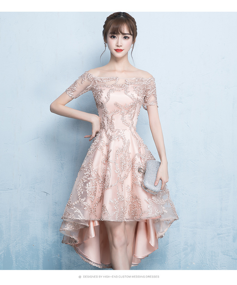 ชุดเดรสออกงานสีโกลด์แชมเปญ ดีไซน์เปิดไหล่ ปิดต้นแขน กระโปรงหน้าสั้นหลังยาว ส่งฟรี