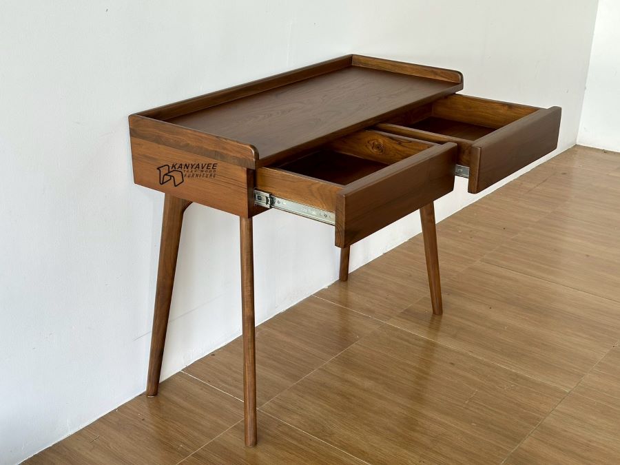 โต๊ะทำงานไม้สักมินิมอล สีวอลนัทเข้ม