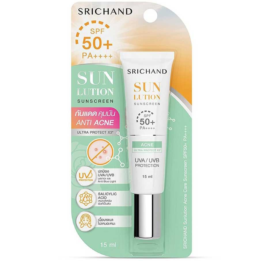 Srichand Sunlution Acne Care Sunscreen SPF 50+ PA++++ 15 ML. ศรีจันทร์ ซันลูชั่น แอคเน่ แคร์ ซันสกรีน เอสพีเอฟ 50+ พีเอ++++ 15 มล. กันแดดสูตรแอนตี้แอคเน่ บล็อกสิว สยบผิวมัน
