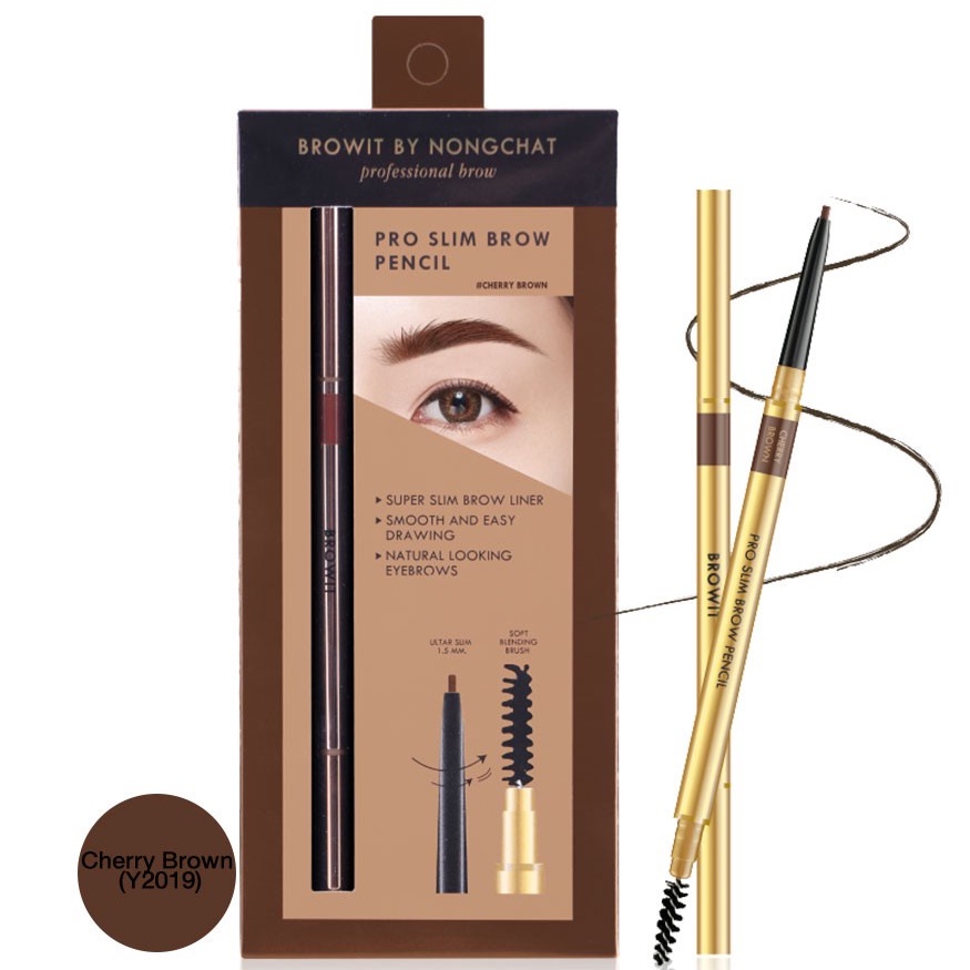 Browit by NongChat Pro Slim Brow Pencil 0.06g #CHERRY BROWN บราวอิท บาย น้องฉัตร ดินสอเขียนคิ้ว สี Cherry Brow -สีน้ำตาลอมแดง มาพร้อมแปรงปัดคิ้วที่ขนนุ่ม 6 มิติ