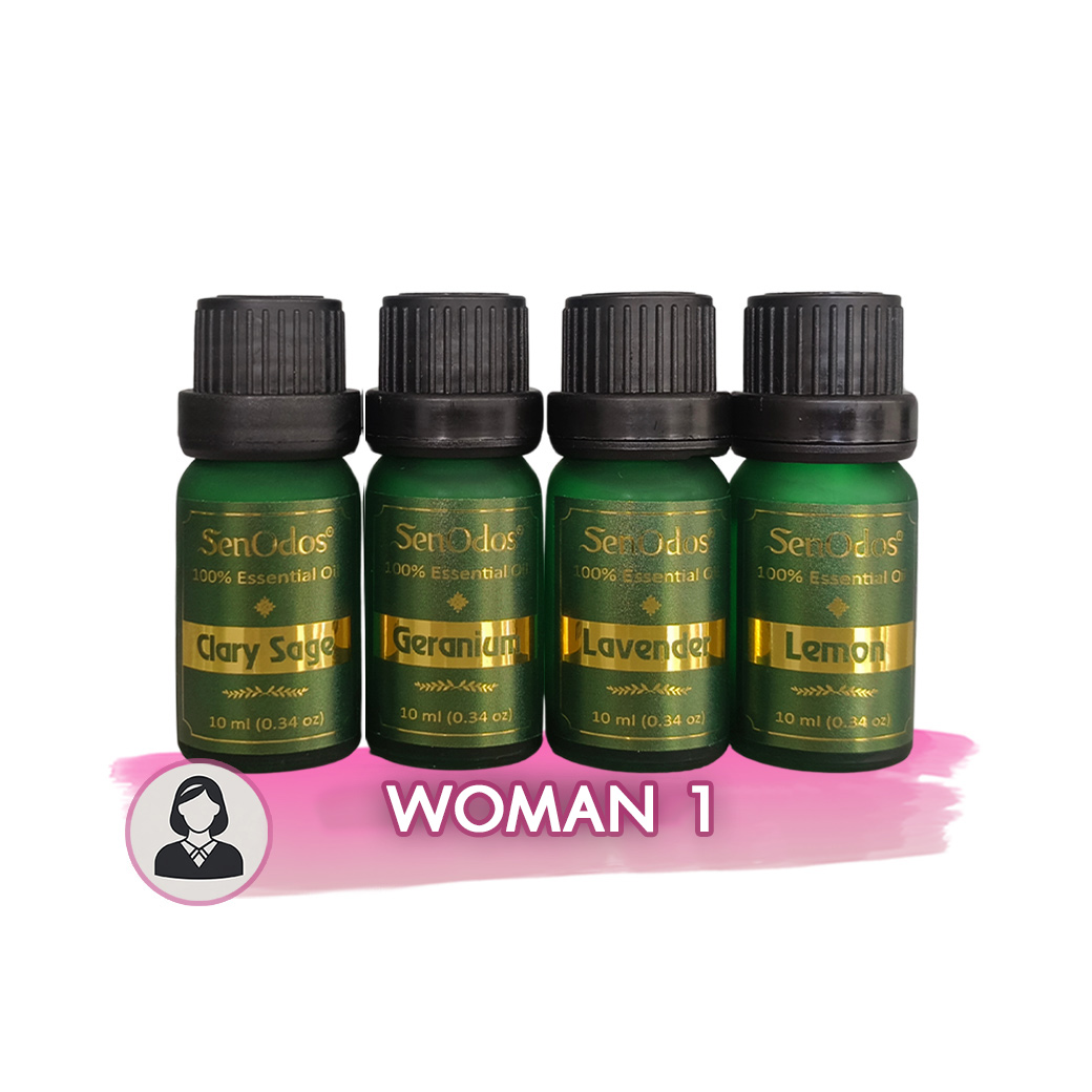 SenOdos น้ำมันหอมระเหย น้ำมันหอม อโรม่า ชุดกลิ่นสำหรับผู้หญิง 1 Essential Oil Women Set 1 10 ml x 4 กลิ่น (กลิ่นแครี่เซจ, กลิ่นเจอร์เรเนี่ยม, กลิ่นลาเวนเดอร์, กลิ่นเลมอน)
