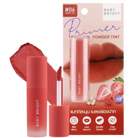 Baby Bright Primer Powder Tint Lip #06 Berry Tea 2.4 G. ลิปเบบี้ไบรท์ ลิปไพรเมอร์ พาวเดอร์ ทินท์ ลิปทินท์เนื้อแป้ง แมทท์ นุ่มละมุน สี 06 Berry Tea 2.4 กรัม