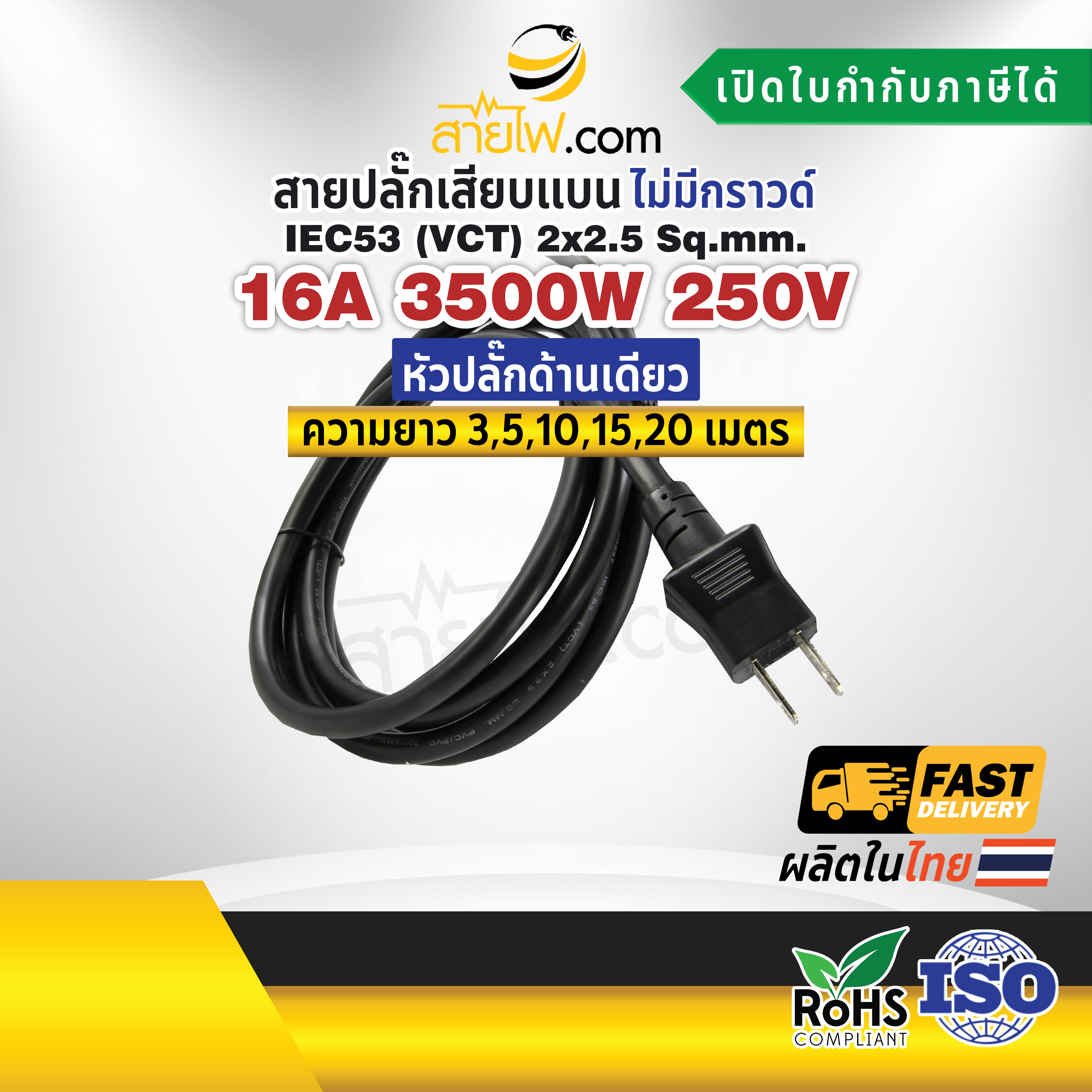 สายไฟพร้อมปลั๊ก สายปลั๊กเสียบแบน ไม่มีกราวด์ IEC53(VCT) 2x2.5 sqmm.(หัวปลั๊กด้านเดียว)