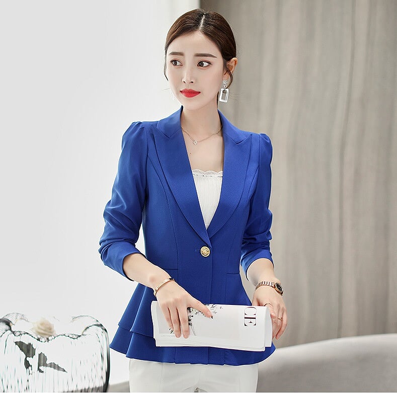 เสื้อสูทสีน้ำเงิน ผ้าโพลีเอสเตอร์ผสม แขนยาว เข้ารูปช่วงเอว ส่งฟรี ems