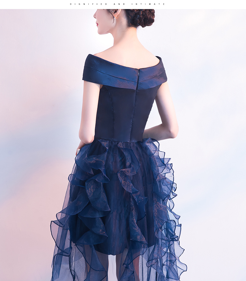 ชุดราตรีสีน้ำเงิน ดีไซน์กระโปรงหน้าสั้นหลังยาว ส่งฟรี