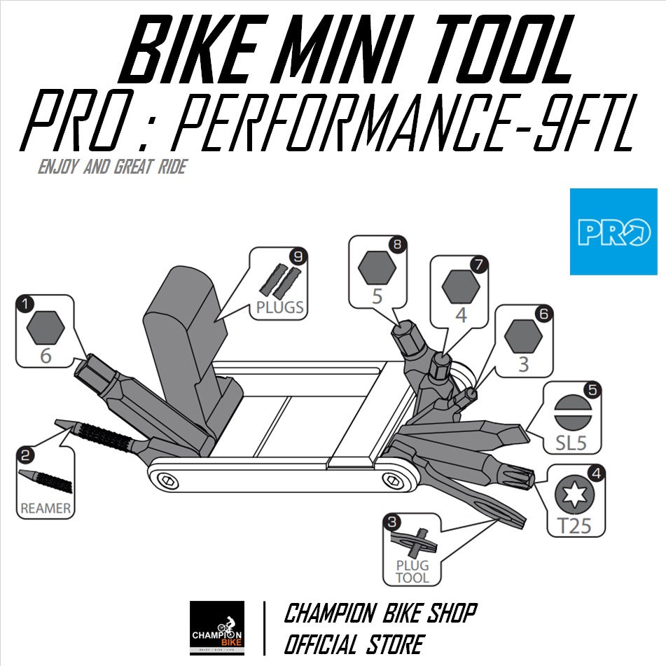 ชุดเครื่องมือพับ9ชิ้น + ชุดปะยางทูปเลส PRO : PERFORMANCE 9 FTL BIKE MINI TOOL + TUBELESS REPAIR KIT