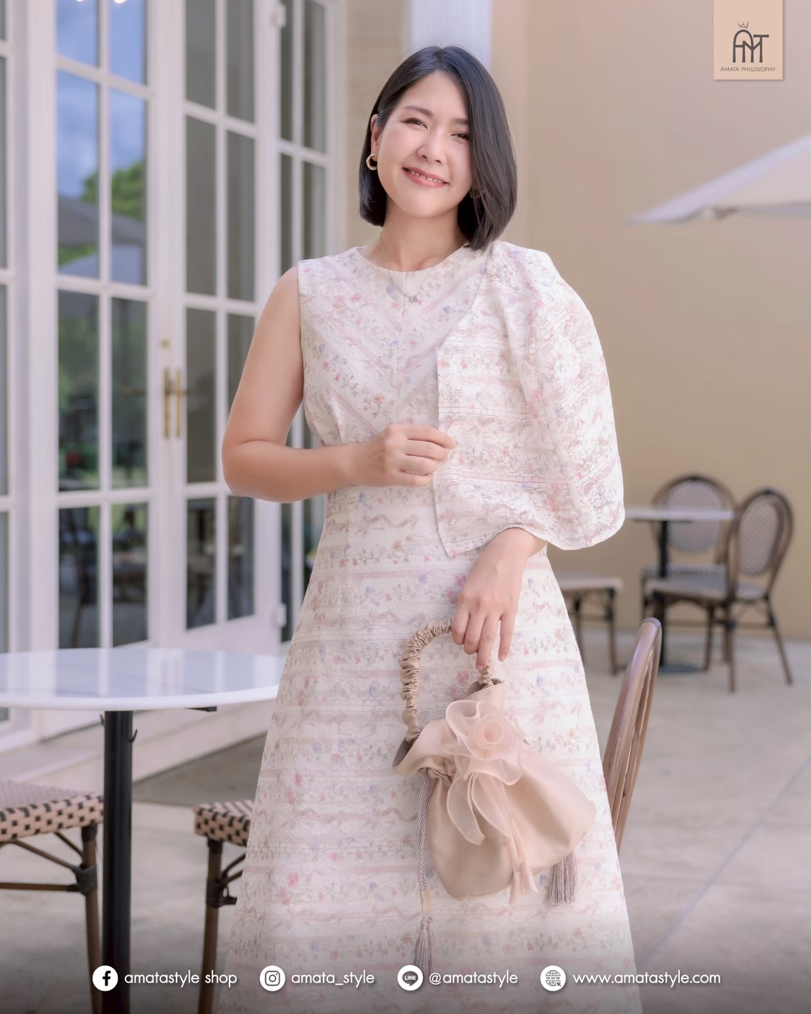 AMATA เดรส TWINNING สีชมพู และ ครีม