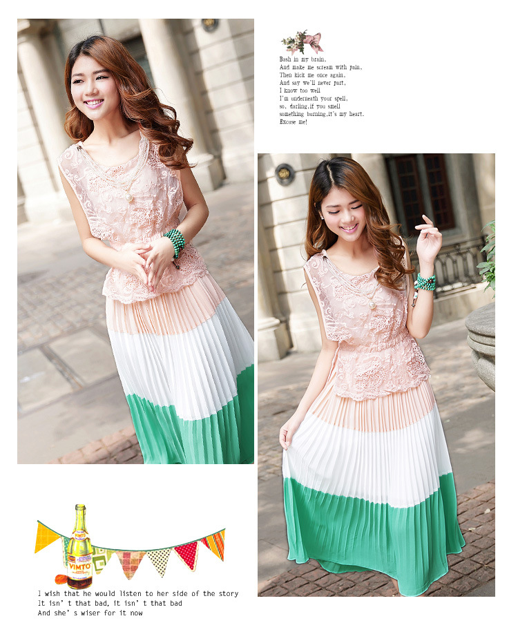 ชุดเดรสยาวสีชมพู กระโปรงอัดพลีต แถมสร้อยคอไข่มุกสีขาว ส่งฟรี ems