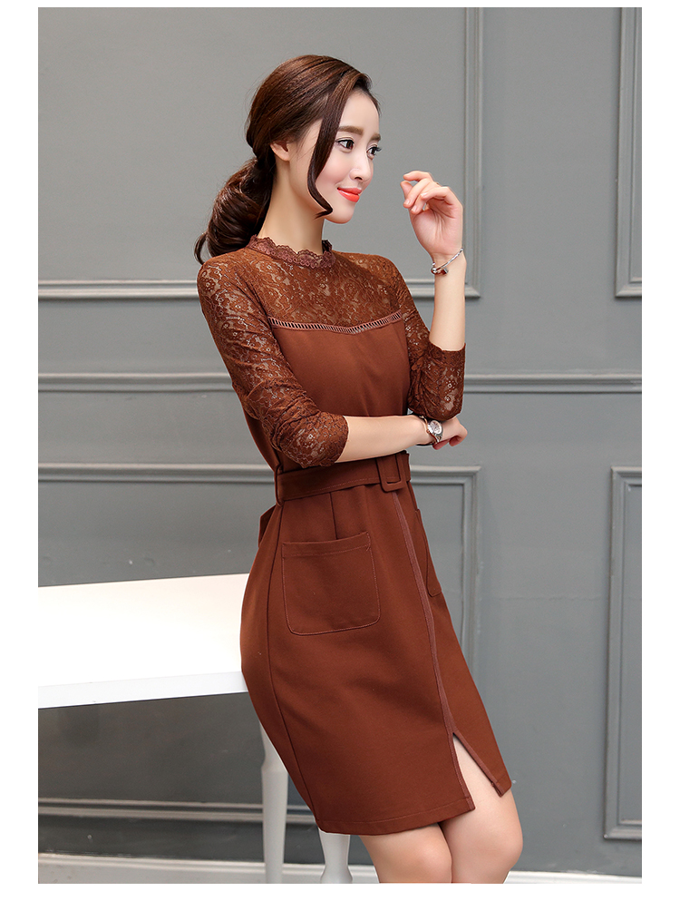 ชุดเดรสสีน้ำตาลแขนยาว ส่งฟรี ems