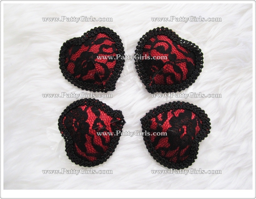 A008 ที่แปะหน้าอกเซ็กซี่ ที่แปะหัวนมเป็นแผ่นเคลือบซิลิโคนเหนียวรูปทรงหัวใจสีแดงตกแต่งด้วยลูกไม้สีดำตามรูปเลยค่ะ ***จำนวน 1 คู่หรือ 2 ชิ้น