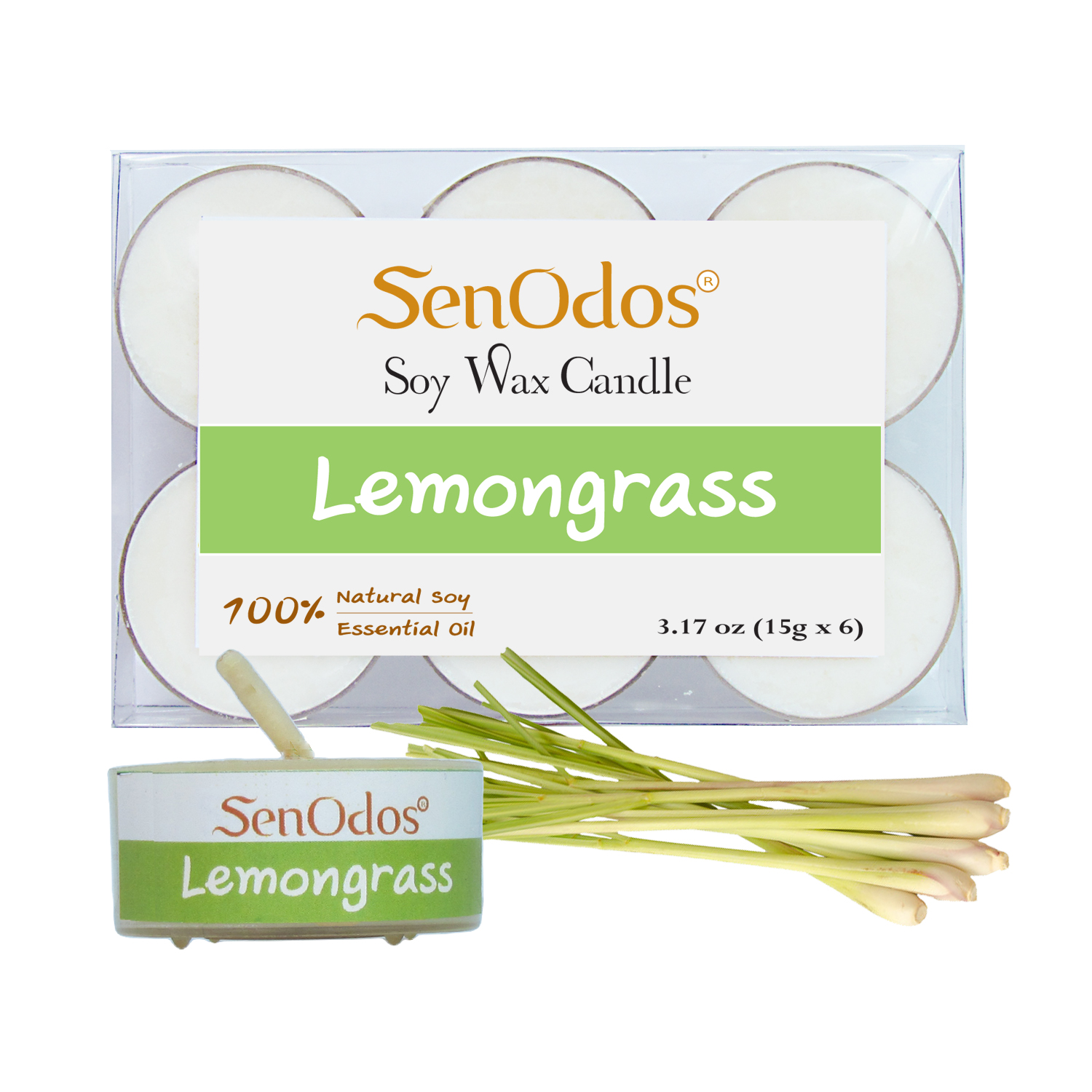 SenOdos เทียนหอม อโรม่า เทียนทีไลท์ Tealight Set Lemongrass Scented Soy Candles Aroma - กลิ่นตะไคร้แท้ 15 g. (6 PCS)