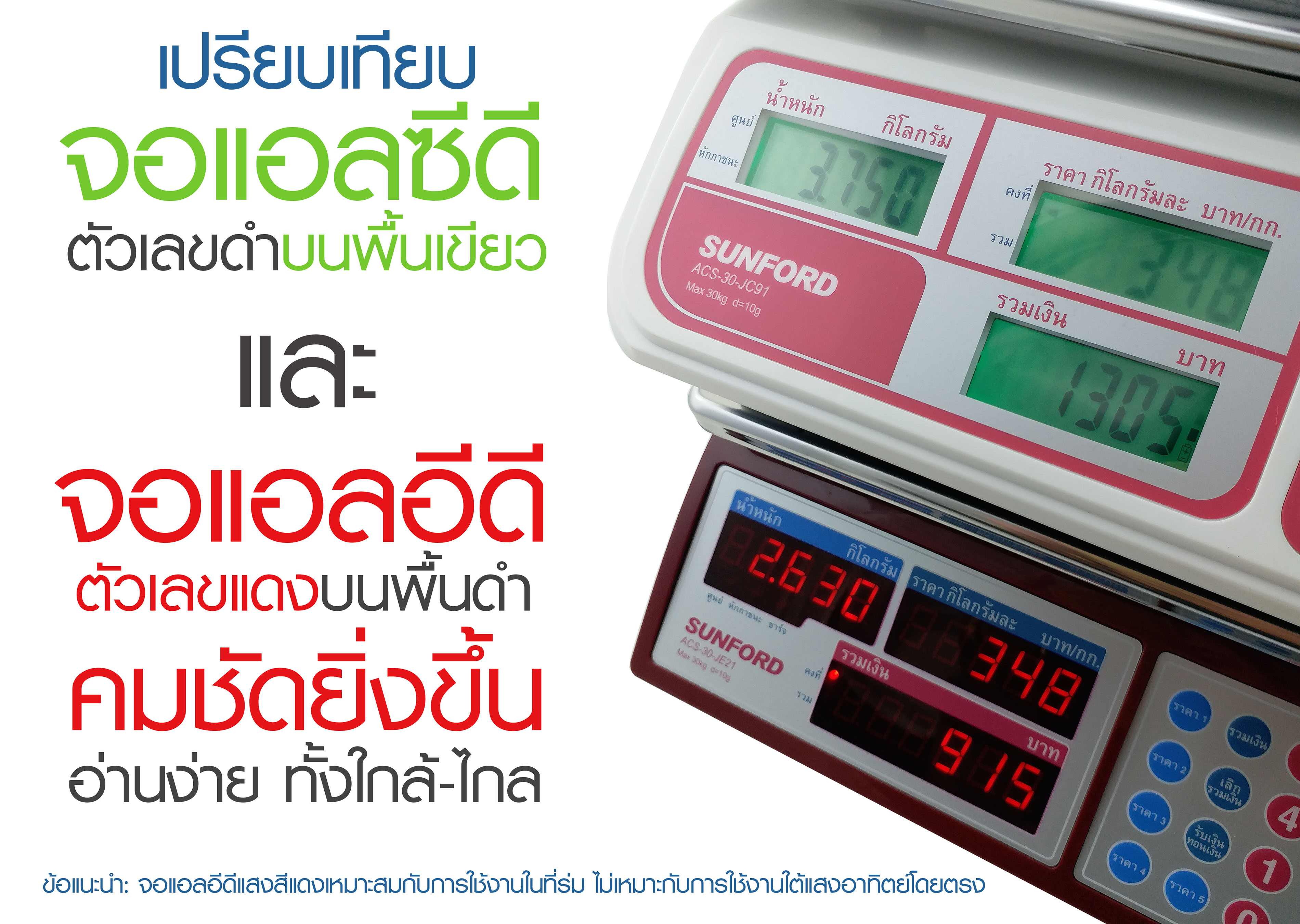 เครื่องชั่งน้ำหนักและคำนวณราคา SUNFORD ACS-30-JE21 จอแอลอีดี เรืองแสง (30 กิโลกรัม ความละเอียด 15kg/5g + 30kg/10g)