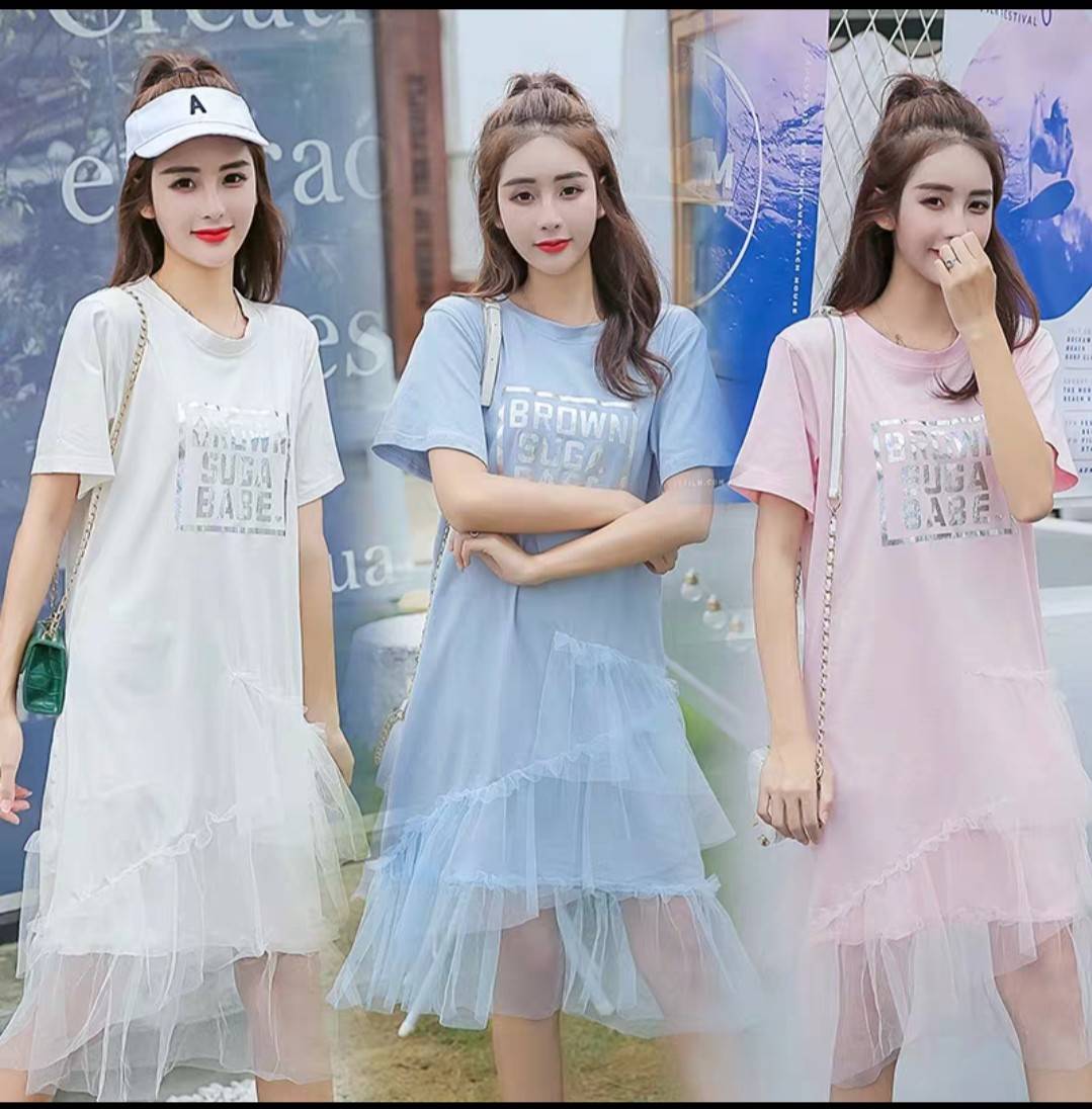 WD12/เดรสฟรุ้งฟริ้ง ด้านหน้าสกรีนสีเงินวิ้งๆ มี3สี งานน่ารักมากๆคะ