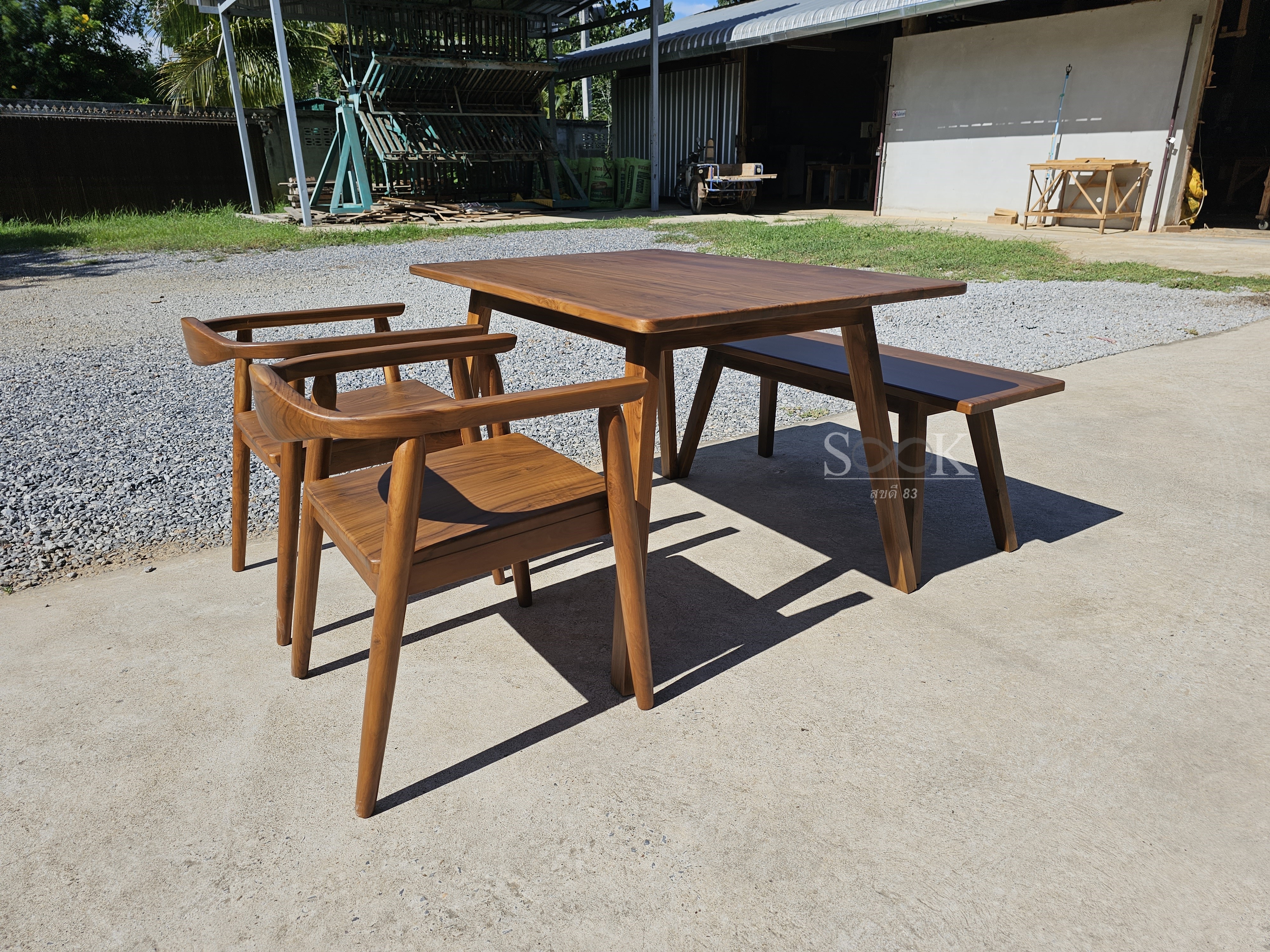 ชุดกินข้าวมินิมอล ม้านั่งยาว เก้าอี้พนักโค้ง 2 ตัว