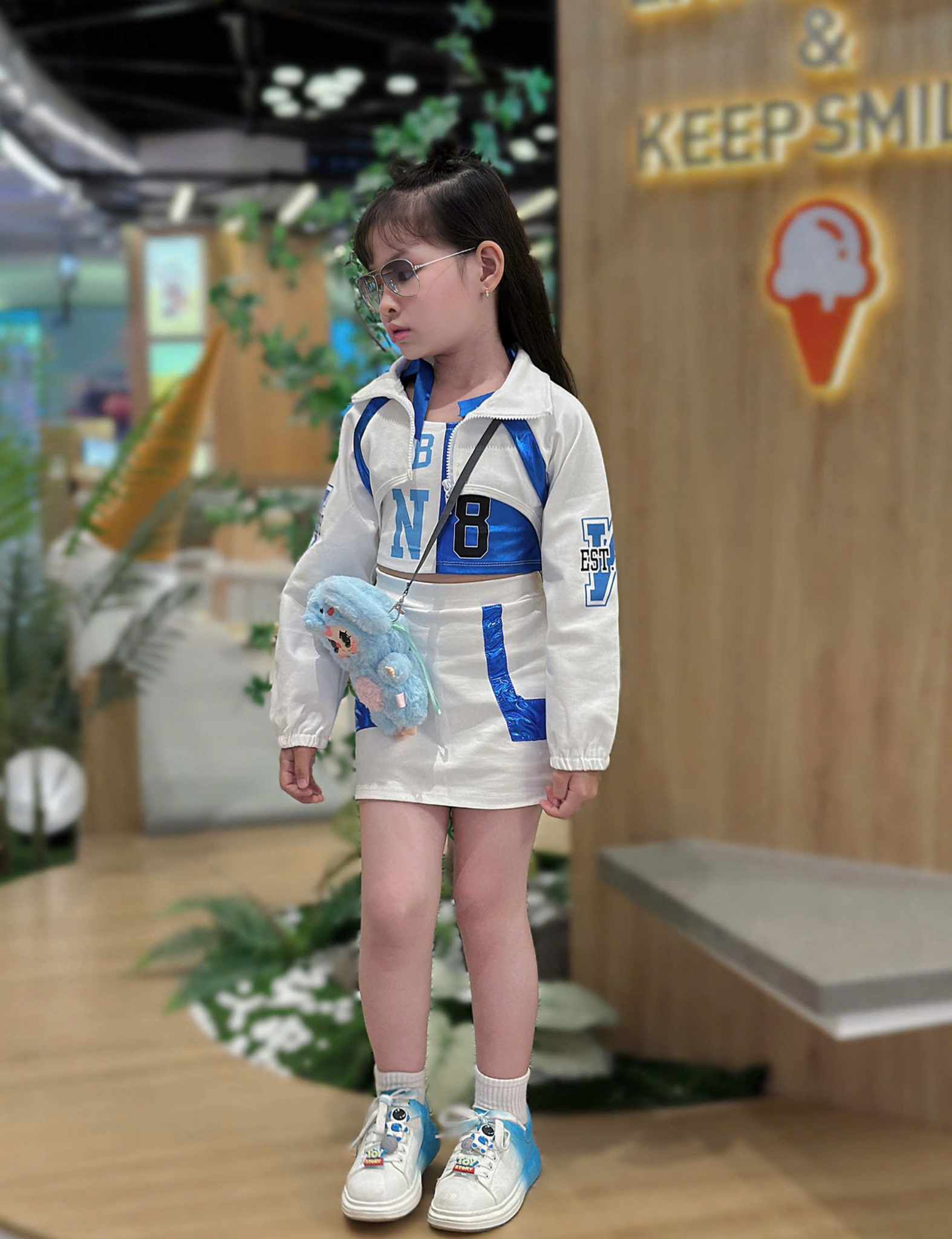 M1.03🔥พร้อมส่ง Set dance sport girlขาวน้ำเงิน ชุดเด็กผู้หญิงแฟชั่นเวียดนาม