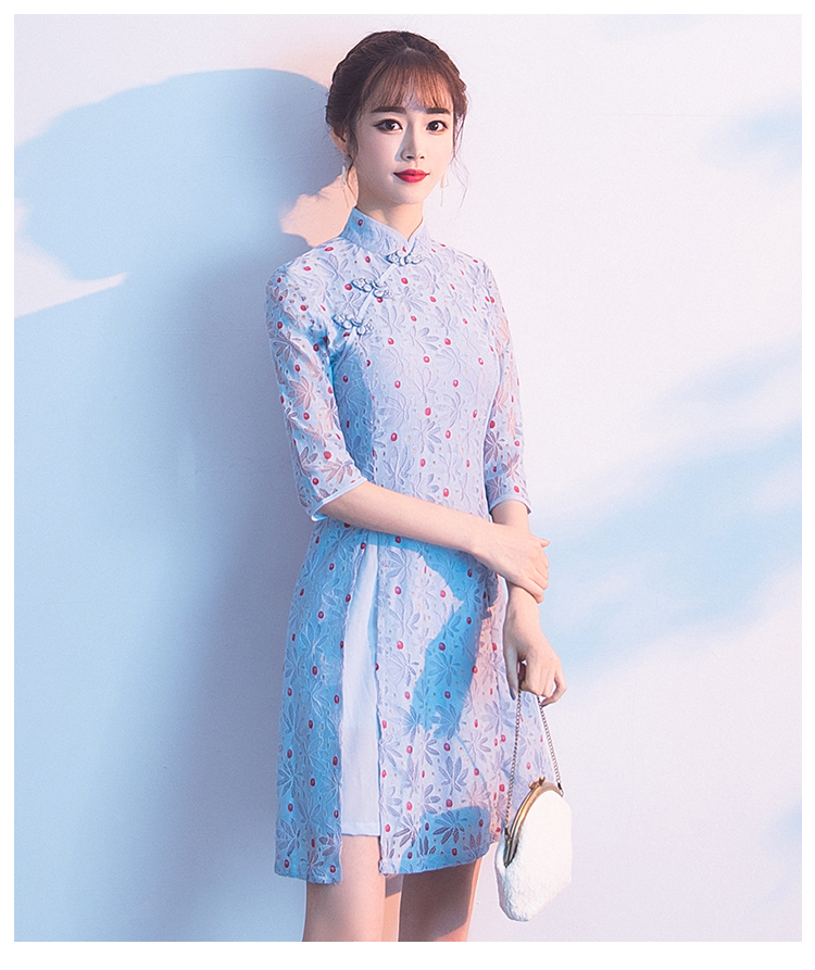 ชุดเดรสคอจีนสีฟ้า ผ้าลูกไม้เนื้อดีลายดอกไม้ พิมพ์ลายจุดเล็กๆๆสีแดง ส่งฟรี ems