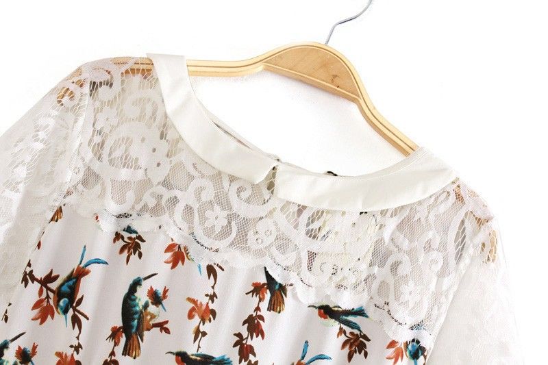 ชุดเดรสผ้าชีฟองเนื้อทรายพื้นขาวลายนกน้อย ส่งฟรี ems