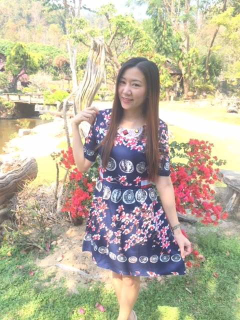 ชุดเดรสสีน้ำเงิน พิมพ์ลาย น่ารักค่ะ ส่งฟรี ems