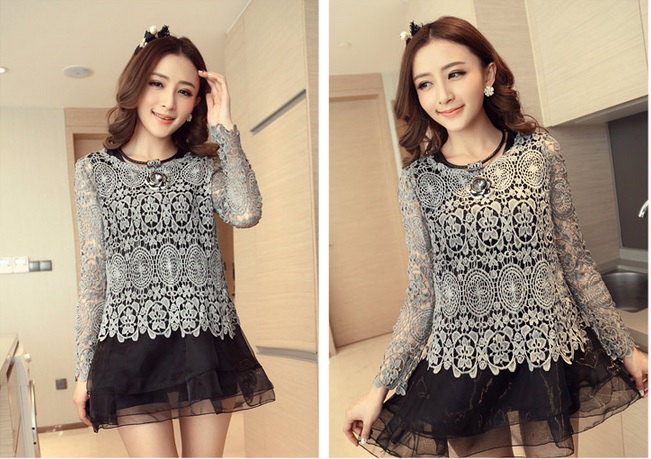 เสื้อผ้าลูกไม้แขนยาวสีเทา ส่งฟรี ems