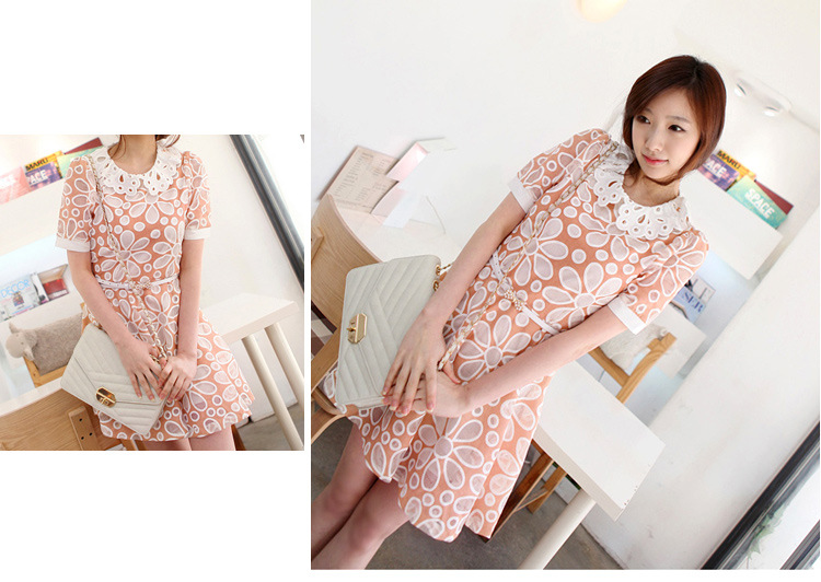 ชุดเดรสผ้าลายดอกไม้สีส้มอิฐ ส่งฟรี ems