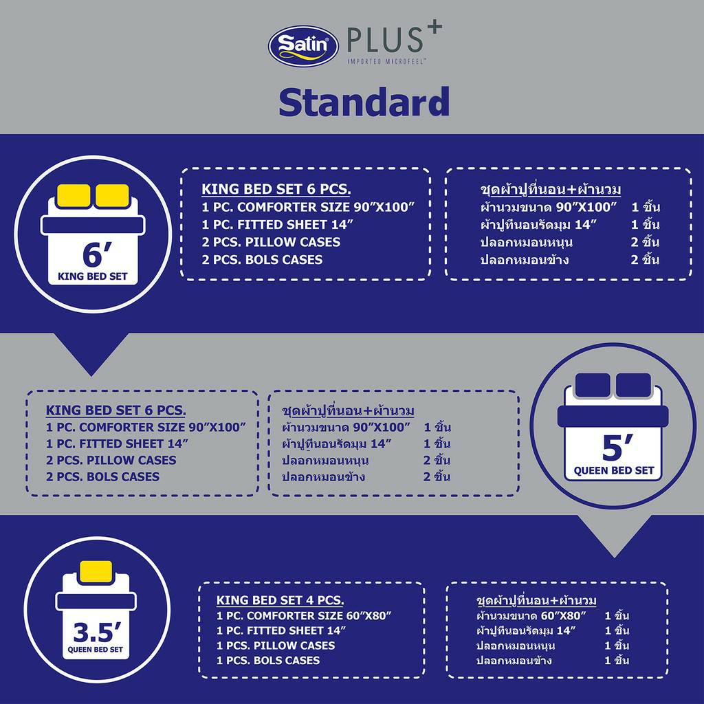 ชุดผ้าปูที่นอน ขนาด 5 ฟุต หรือ 6 ฟุต Satin Plus รุ่น Solid Series สีพื้น
