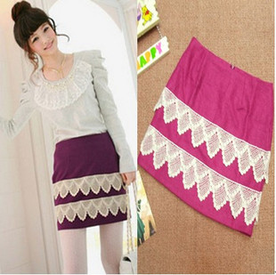 กระโปรงสีชมพูเข้ม แต่งผ้าถักสีขาว ส่งฟรี ems
