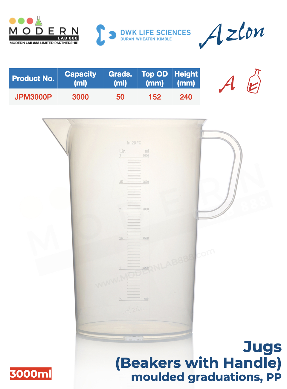 บีกเกอร์มีหูจับ พลาสติก PP แบบสเกลตัวนูน / Jug, moulded graduations, PP, "AZLON"