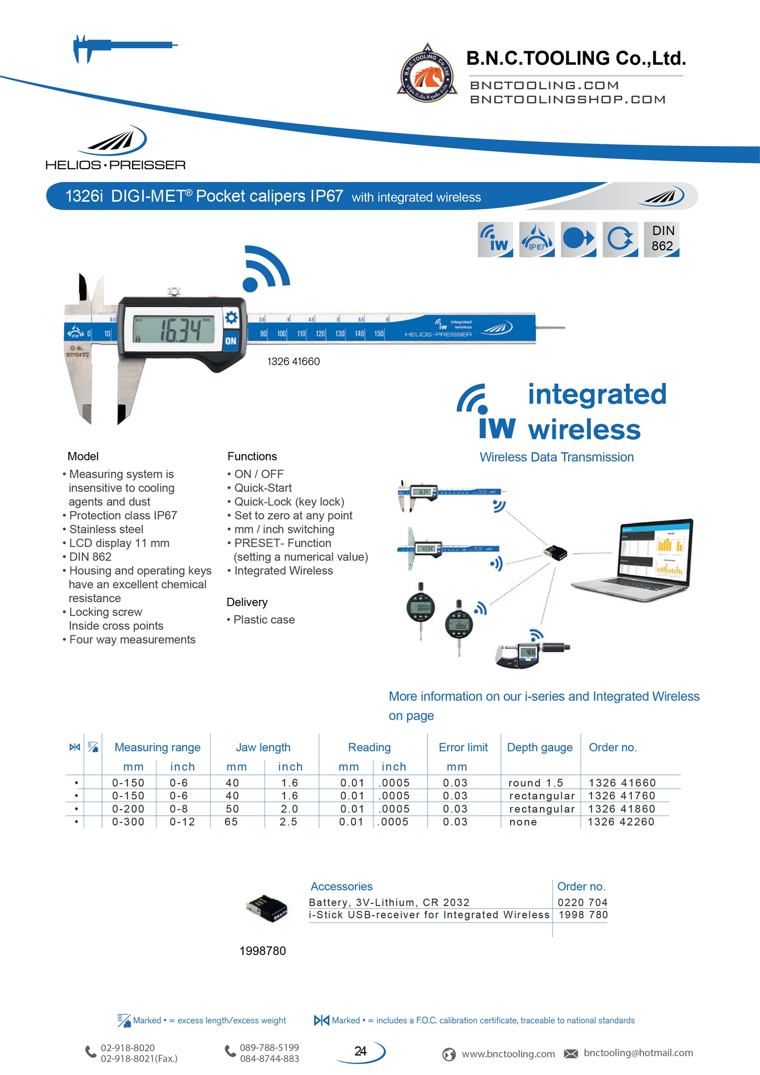 HELIOS-PREISSER ,DIGI-MET Pocket calipers IP67 with integrated wireless,1326i