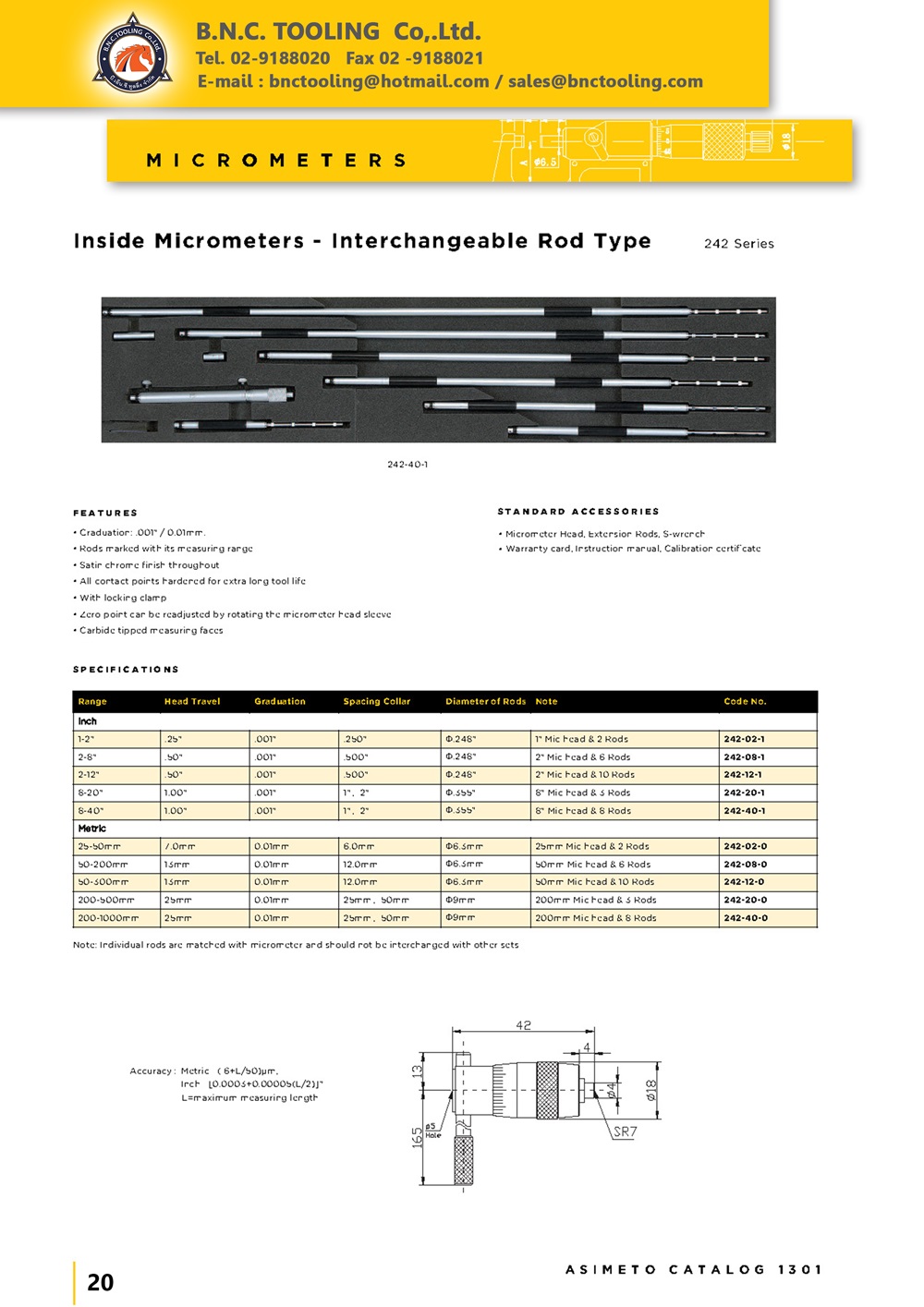 ASIMETO,P20,Inside Micrometers - Interchangeable Rod Type,242-02-1
