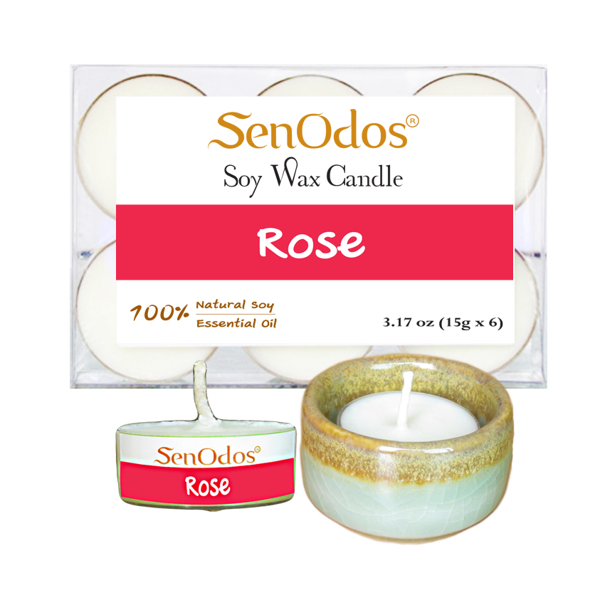 SenOdos เทียนหอม อโรม่า เทียนทีไลท์ Tealight Set Rose Soy Candles เทียนหอม อโรม่า - กลิ่นกุหลาบ 15 g. (6 ชิ้น) + เชิงเทียน ที่วางเทียนทีไลท์ ศิลาดล (เซลาดล) สีเขียวหยกขอบทอง