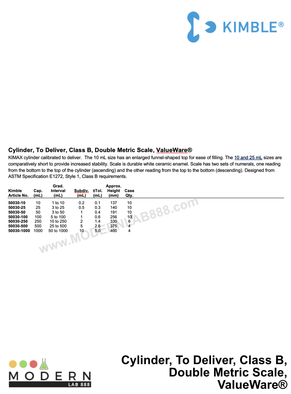 500mL., Cylinder, To Deliver, Class B, Double Metric Scale, ValueWare®