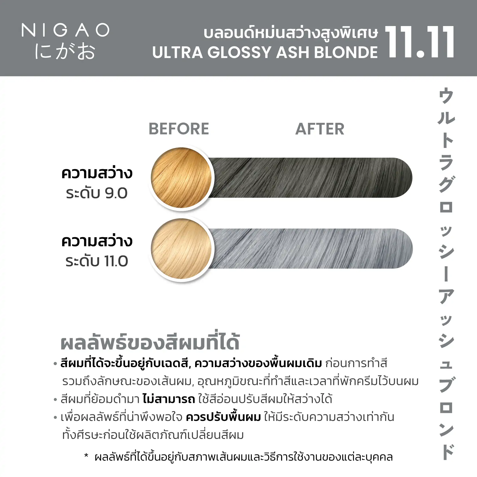 Nigao Hair Color Silver Gray 100 ml. #11.11 Ultra Glossy Ash Blonde นิกาโอะ ครีมย้อมผมปราศจากแอมโมเนีย 11.11 สีบลอนด์หม่นสว่างสูงพิเศษ 100 มล. (ไม่แถมไฮโดรเจน)
