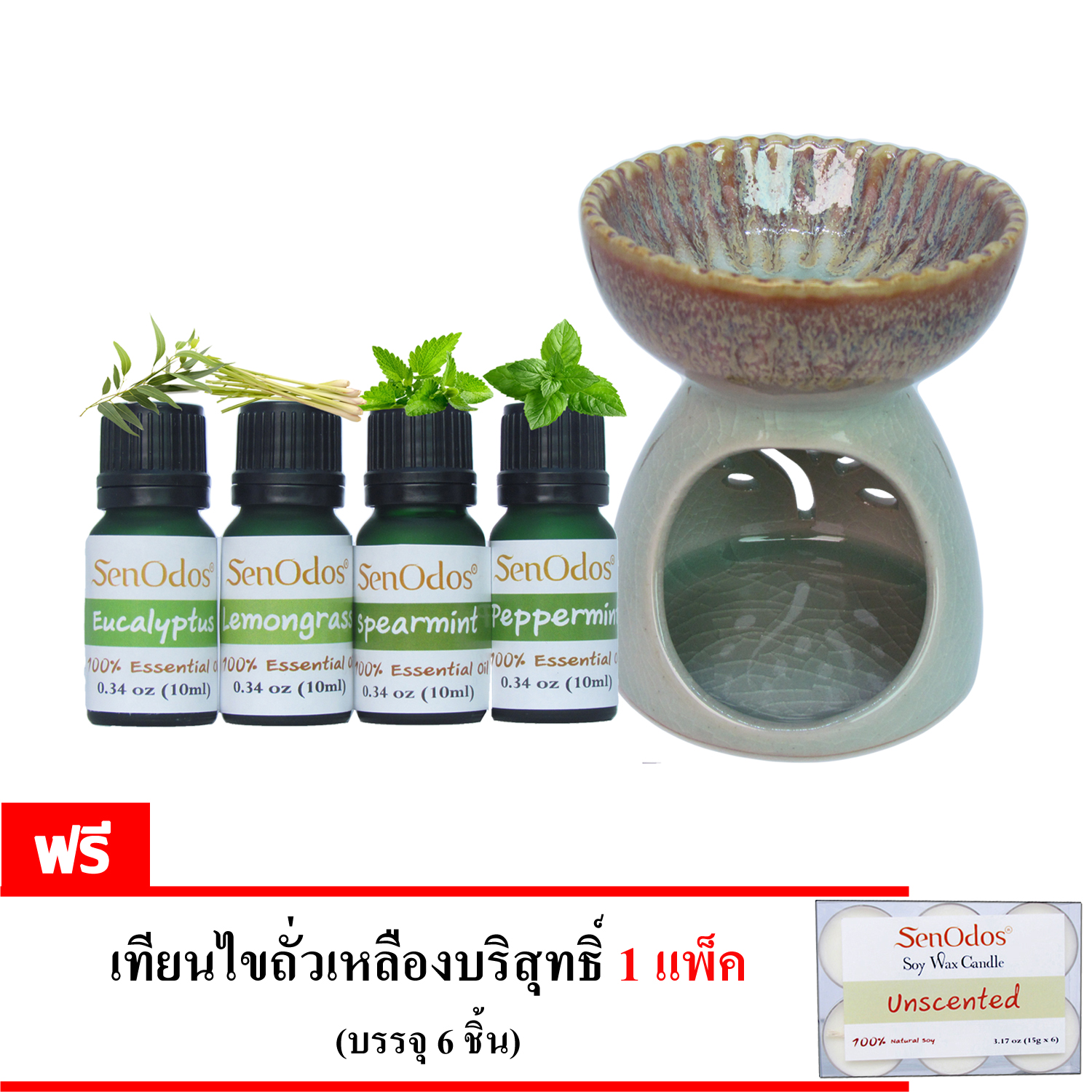 SenOdos ชุดเตาเผา น้ำมันหอมระเหย เซรามิค ศิลาดล สีฟ้าอมเขียว + น้ำมันหอมระเหยแท้ Minty Refresh Set 10ml x 4 ขวด (แถมฟรี!! เทียนไขถั่วเหลืองบริสุทธิ์ 15 g. X 6 ชิ้น ราคา 355 บาท)