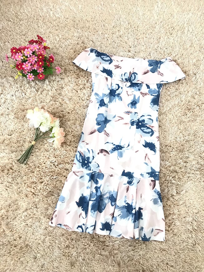 ชุดเดรสออกงานพิมพ์ลายดอกไม้โทนสีน้ำเงิน ส่งฟรี ems