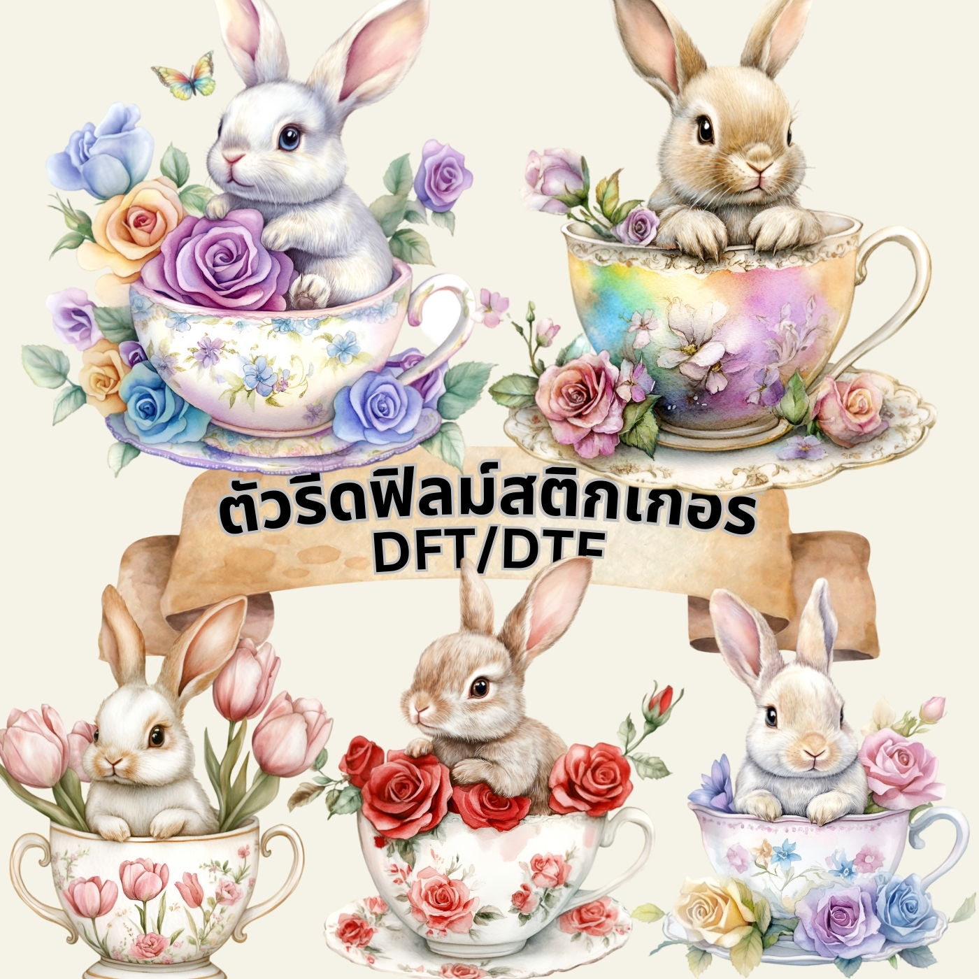 ตัวรีดติดเสื้อ กระต่าย ชุดน้ำชา ฟิลม์รีดร้อน พิมพ์ลาย สกรีนลาย ฟิลม์ DFT DTF
