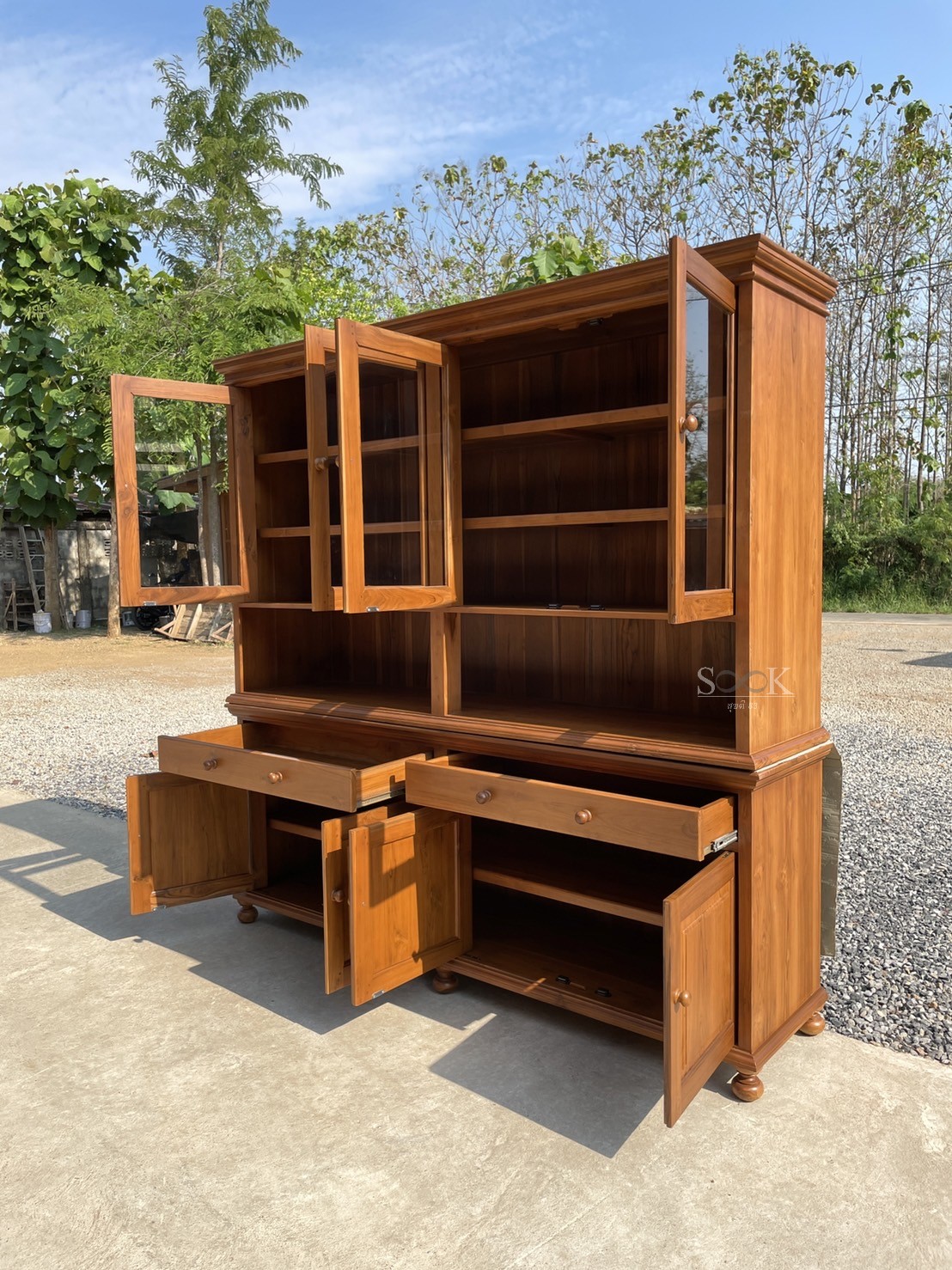 เคาน์เตอร์ครัวไม้สัก แบบเทิน ขนาด 2 x 2 ม. (สีสัก)