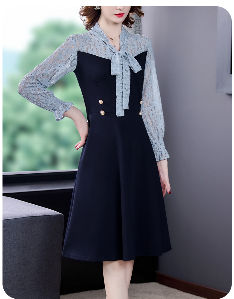 ชุดเดรสสีน้ำเงินแขนยาว ผ้าคอตตอนผสม spandex เนื้อดี ทิ้งตัวสวย ส่งฟรี