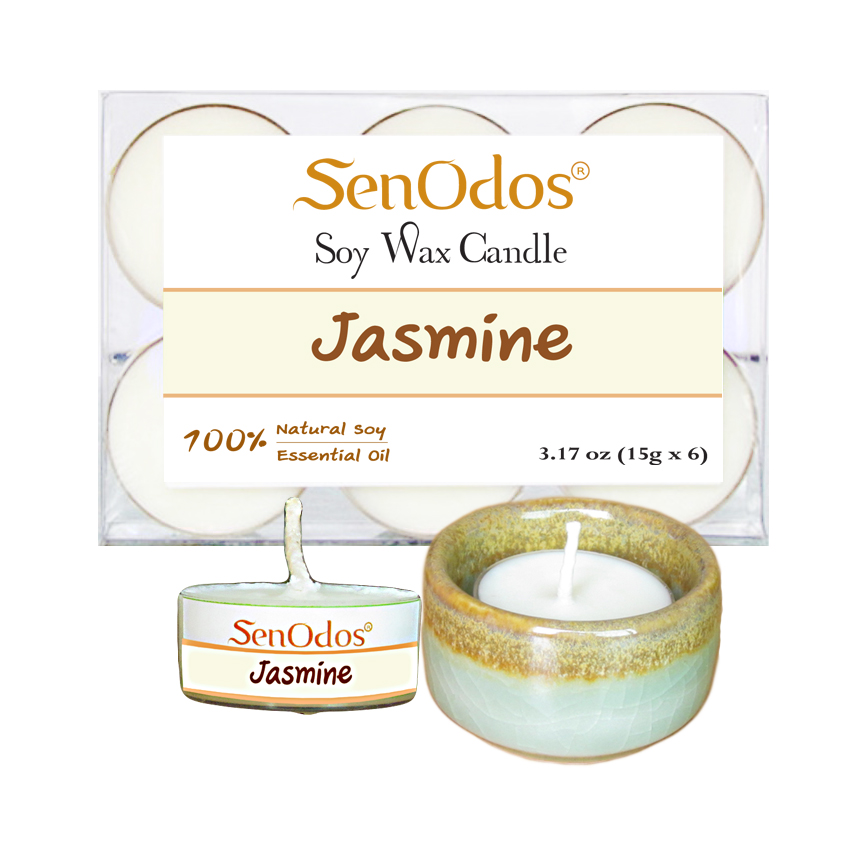 SenOdos เทียนหอม อโรม่า เทียนทีไลท์ Tealight Set Jasmine Soy Candles เทียนหอม อโรม่า - กลิ่นมะลิแท้ 15 g. (6 ชิ้น) + เชิงเทียน ที่วางเทียนทีไลท์ ศิลาดล (เซลาดล) สีเขียวหยกขอบทอง