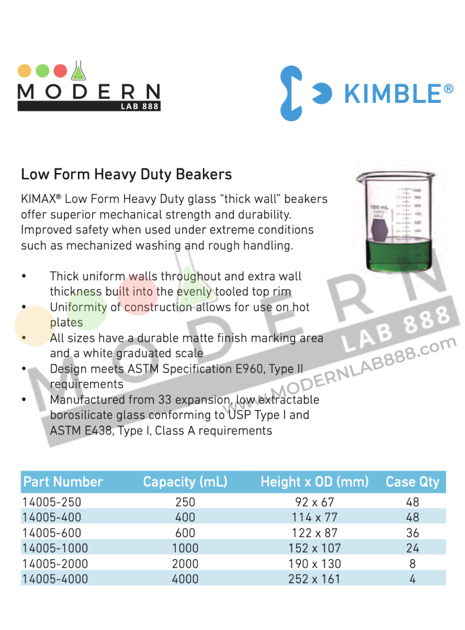 600ml. บีกเกอร์ทรงเตี้ยแบบหนา / 600ml. Low Form Heavy Duty Beakers